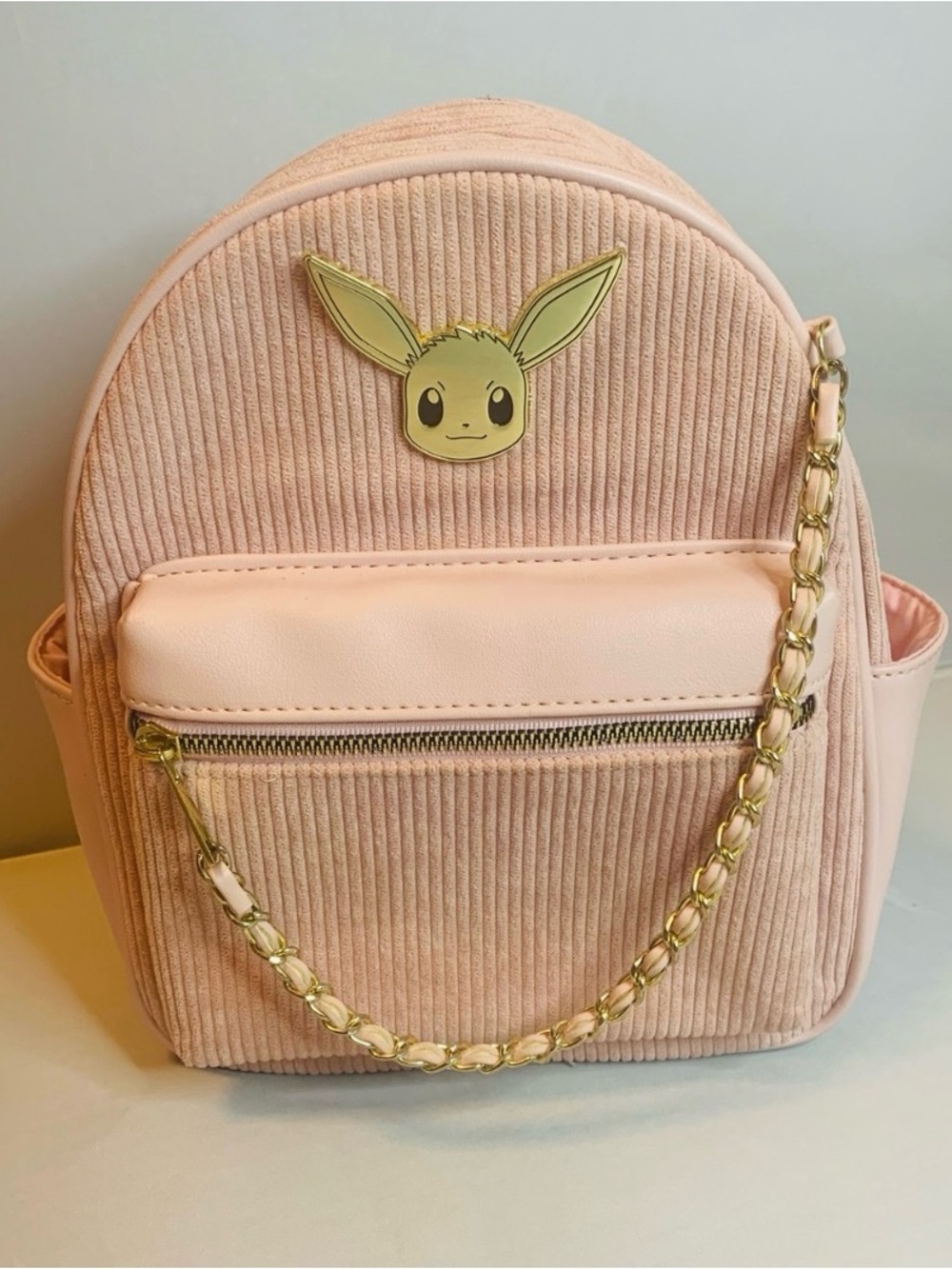 Pokemon Eevee Light Pink Corduroy Mini Backpack with Gold Chain